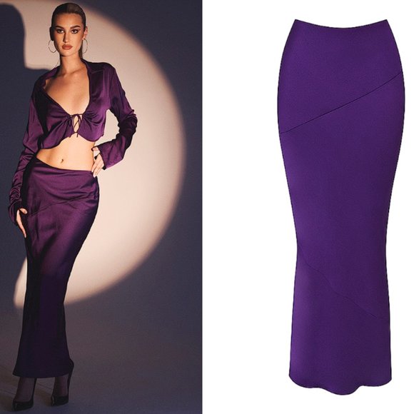 HOUSE OF CB 'Colette' Grape Satin Low Waist Midi Skirt - Picture 7 of 10